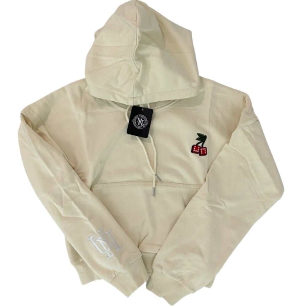 Urban Necessities UN Hoodie Women’s L Cream Dice Cherries Slightly Cropped NWT
